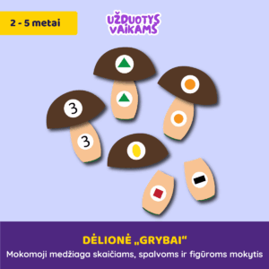 Dėlionė „Grybai“ su skaičiais, spalvomis ir figūromis